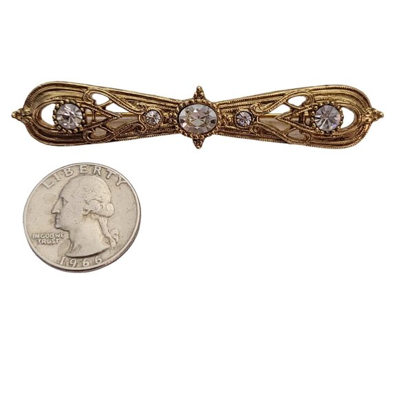 1928 Brand Gold Tone Clear Rhinestone Bar Brooch Pin E883 - Picture 6 of 8